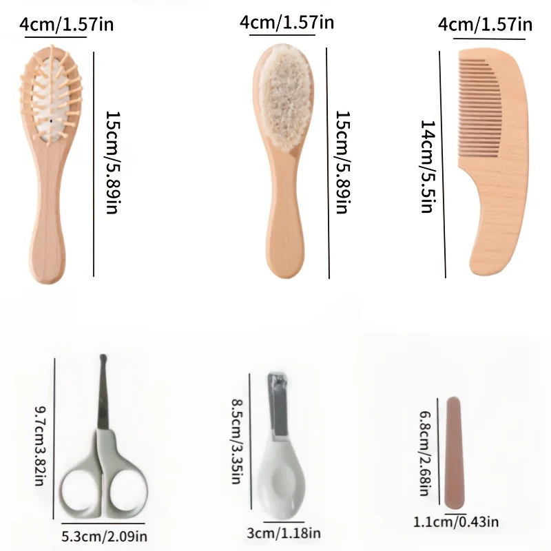 6pcs baby care set - Newborn scalp cleaning soft brush, beechwood bath massage comb, air cushion comb, nail clipper, nail cutter thumbnail 2