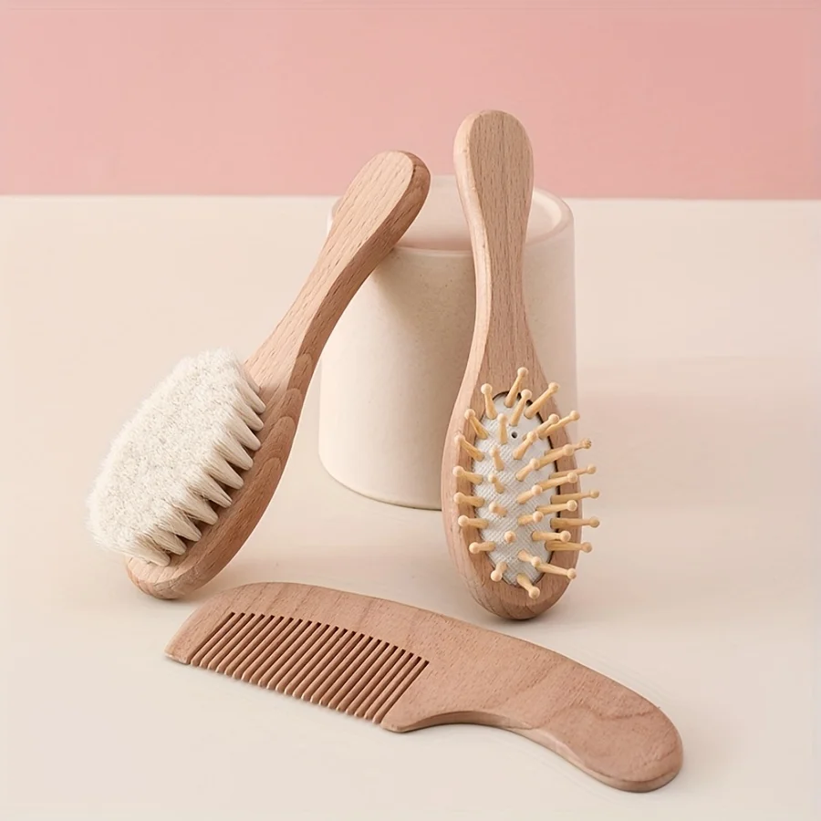 6pcs baby care set - Newborn scalp cleaning soft brush, beechwood bath massage comb, air cushion comb, nail clipper, nail cutter thumbnail 6
