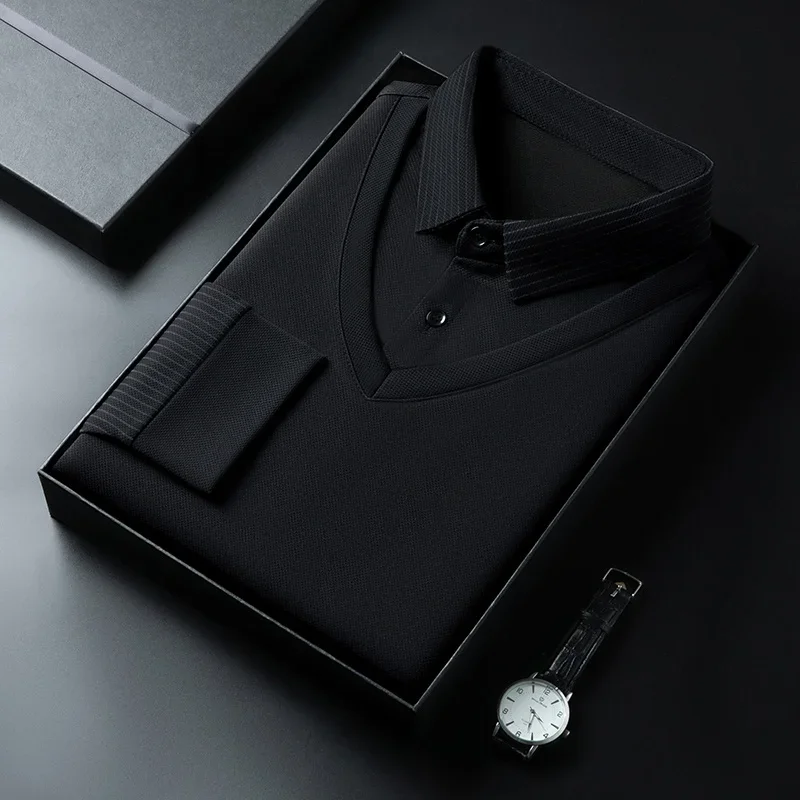 2025 New Men's Casual and Fashionable Long Sleeved Solid Color Fake Two-piece Polo Shirt Business All Season Versatile Top thumbnail 4