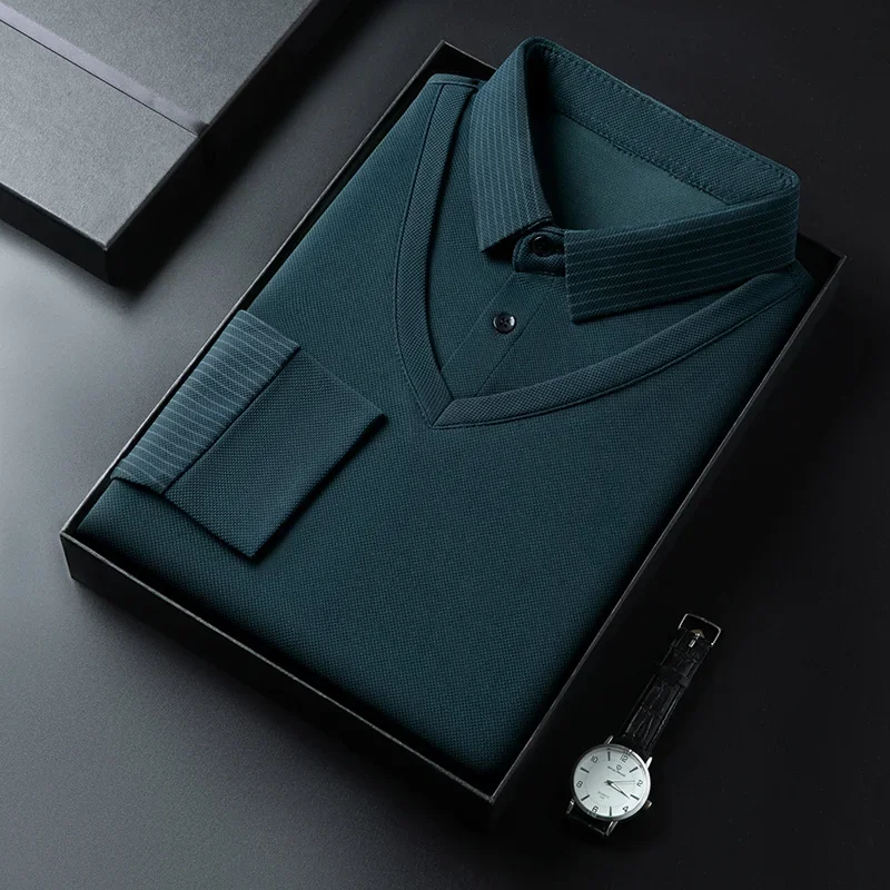 2025 New Men's Casual and Fashionable Long Sleeved Solid Color Fake Two-piece Polo Shirt Business All Season Versatile Top thumbnail 6
