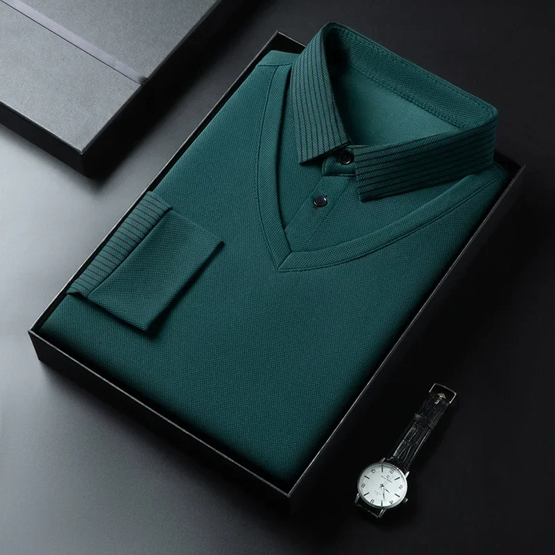 2025 New Men's Casual and Fashionable Long Sleeved Solid Color Fake Two-piece Polo Shirt Business All Season Versatile Top thumbnail 2
