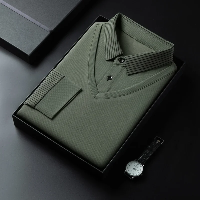 2025 New Men's Casual and Fashionable Long Sleeved Solid Color Fake Two-piece Polo Shirt Business All Season Versatile Top thumbnail 3