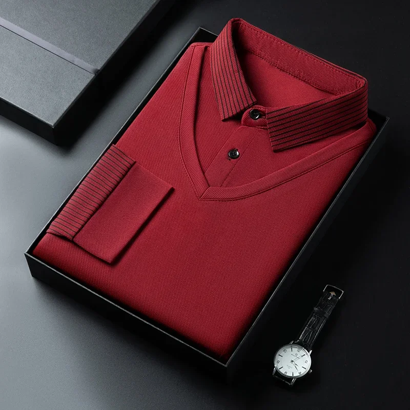2025 New Men's Casual and Fashionable Long Sleeved Solid Color Fake Two-piece Polo Shirt Business All Season Versatile Top thumbnail 5