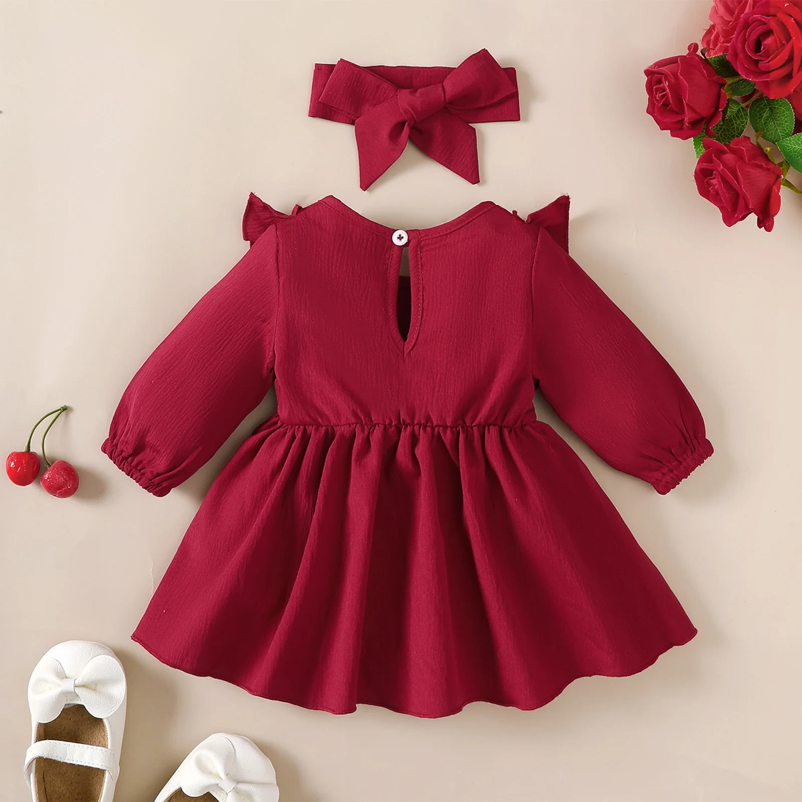 Baby girl Autumn Dress Ruffled Edges and Bow, Long sleeved Dress+Headband for 0-18 Months Cute Baby girl Holiday Party Costume thumbnail 2