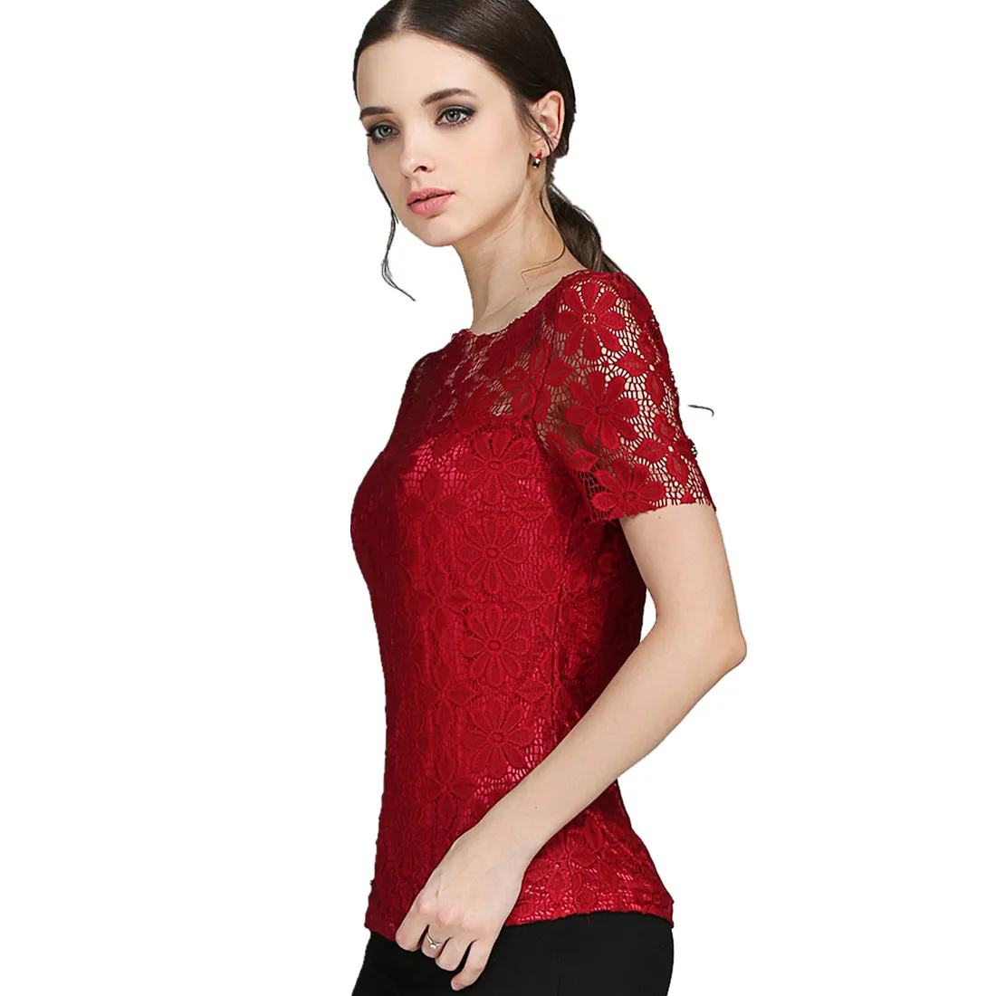 Summer Lace Women Blouse Shirt Casual Solid Hollow Clothing Top thumbnail 2