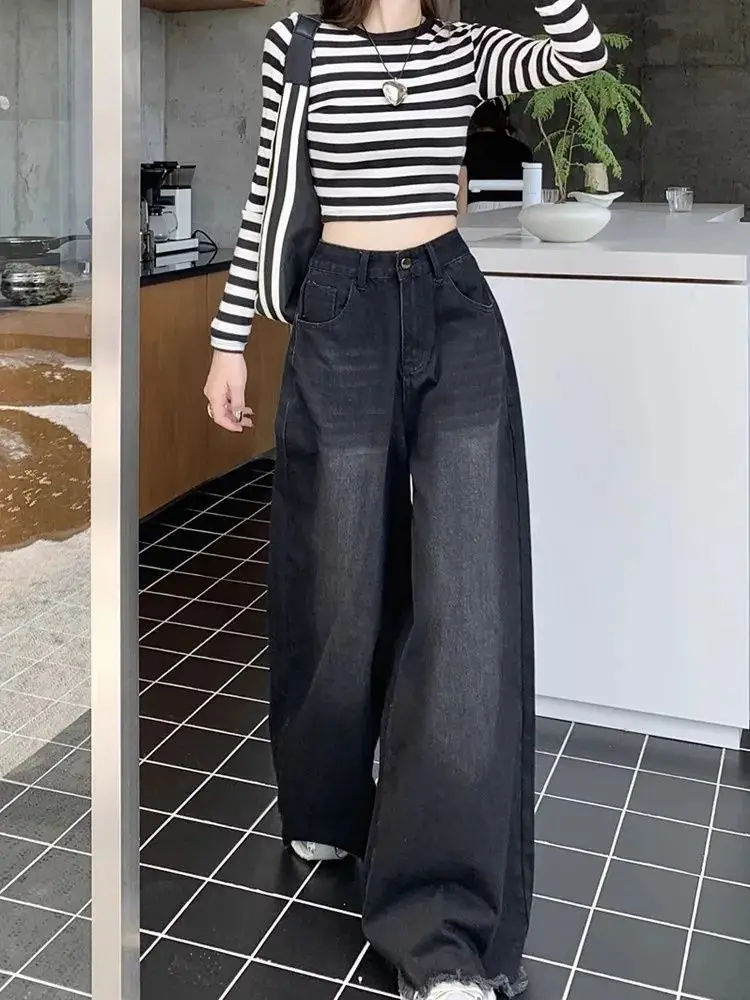 Elegant Chic American Vintage Black Wide Leg Jeans Women High Waist Loose Fit Slimming Draping Raw Hem Floor Length Denim thumbnail 3
