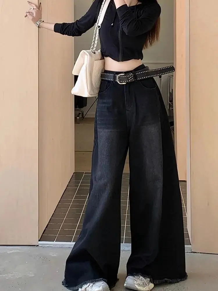 Elegant Chic American Vintage Black Wide Leg Jeans Women High Waist Loose Fit Slimming Draping Raw Hem Floor Length Denim thumbnail 2
