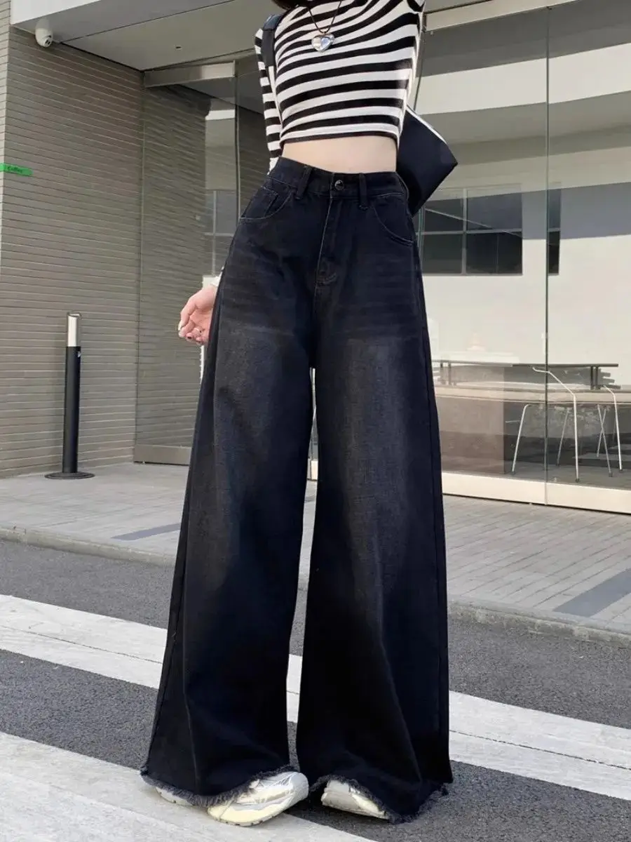 Elegant Chic American Vintage Black Wide Leg Jeans Women High Waist Loose Fit Slimming Draping Raw Hem Floor Length Denim thumbnail 5