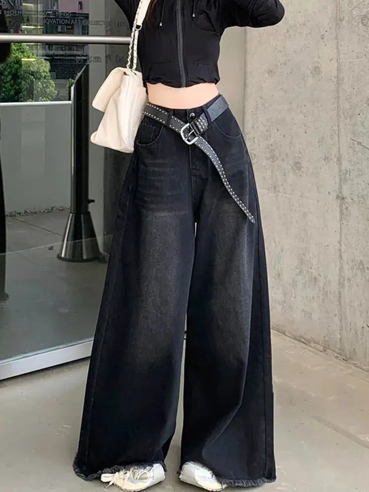 Elegant Chic American Vintage Black Wide Leg Jeans Women High Waist Loose Fit Slimming Draping Raw Hem Floor Length Denim thumbnail 4