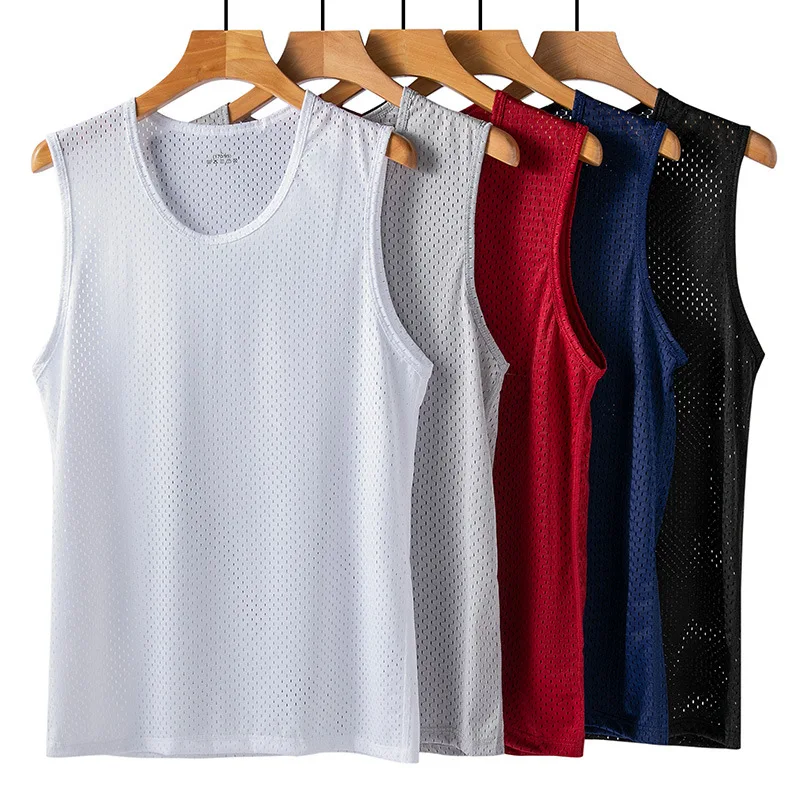 Men's Ice Silk Mesh Tank Tops Man Gym Stringer Transparent Bodybuilding Sleeveless Shirt Fitness Vest Male Muscle Singlets L-5XL thumbnail 3
