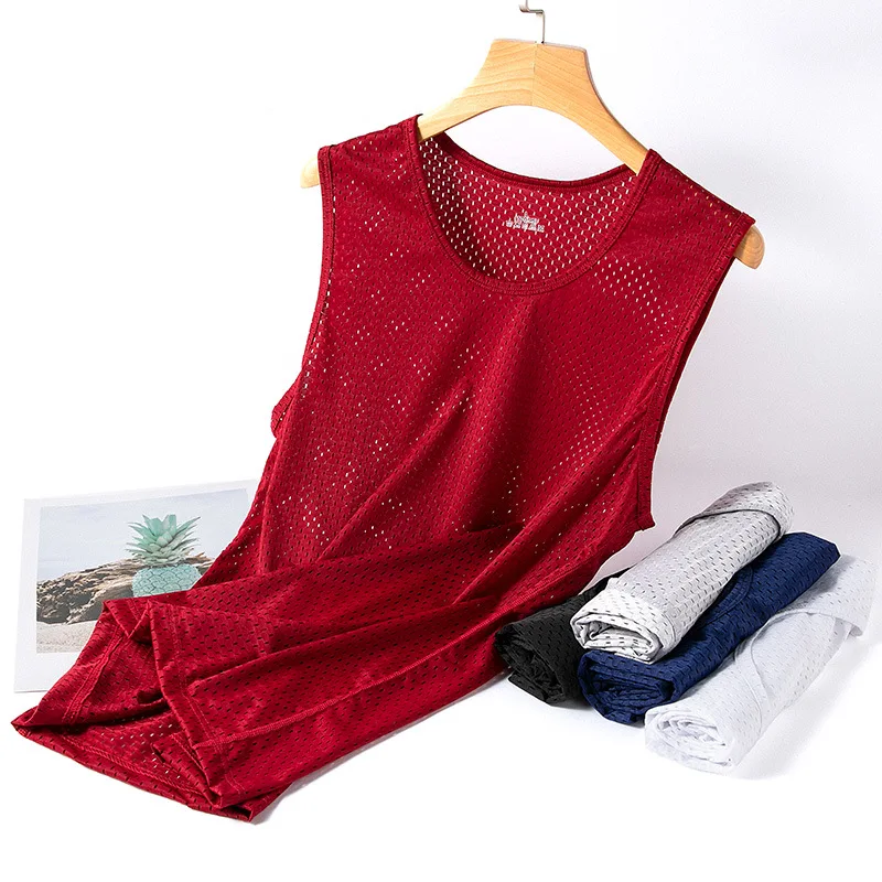 Men's Ice Silk Mesh Tank Tops Man Gym Stringer Transparent Bodybuilding Sleeveless Shirt Fitness Vest Male Muscle Singlets L-5XL thumbnail 5