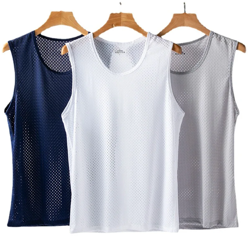 Men's Ice Silk Mesh Tank Tops Man Gym Stringer Transparent Bodybuilding Sleeveless Shirt Fitness Vest Male Muscle Singlets L-5XL thumbnail 4
