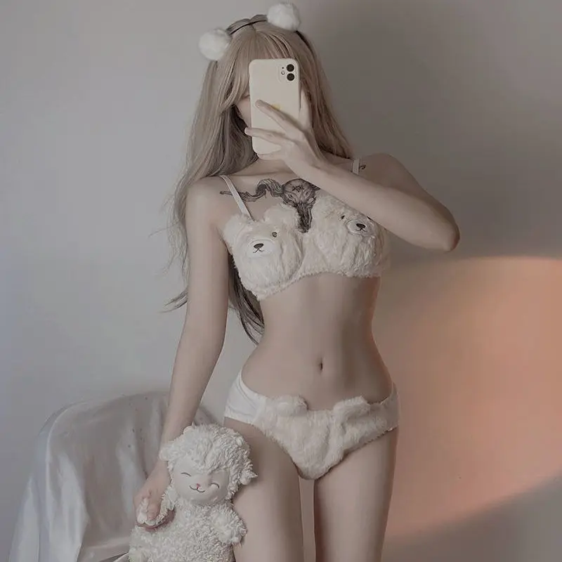 Cute Bra Sets Women's Intimates Plush No Steel Ring Push Up Bra & Brief Sets Sweet Bear Lolita Winter Velvet Student Underwear thumbnail 3