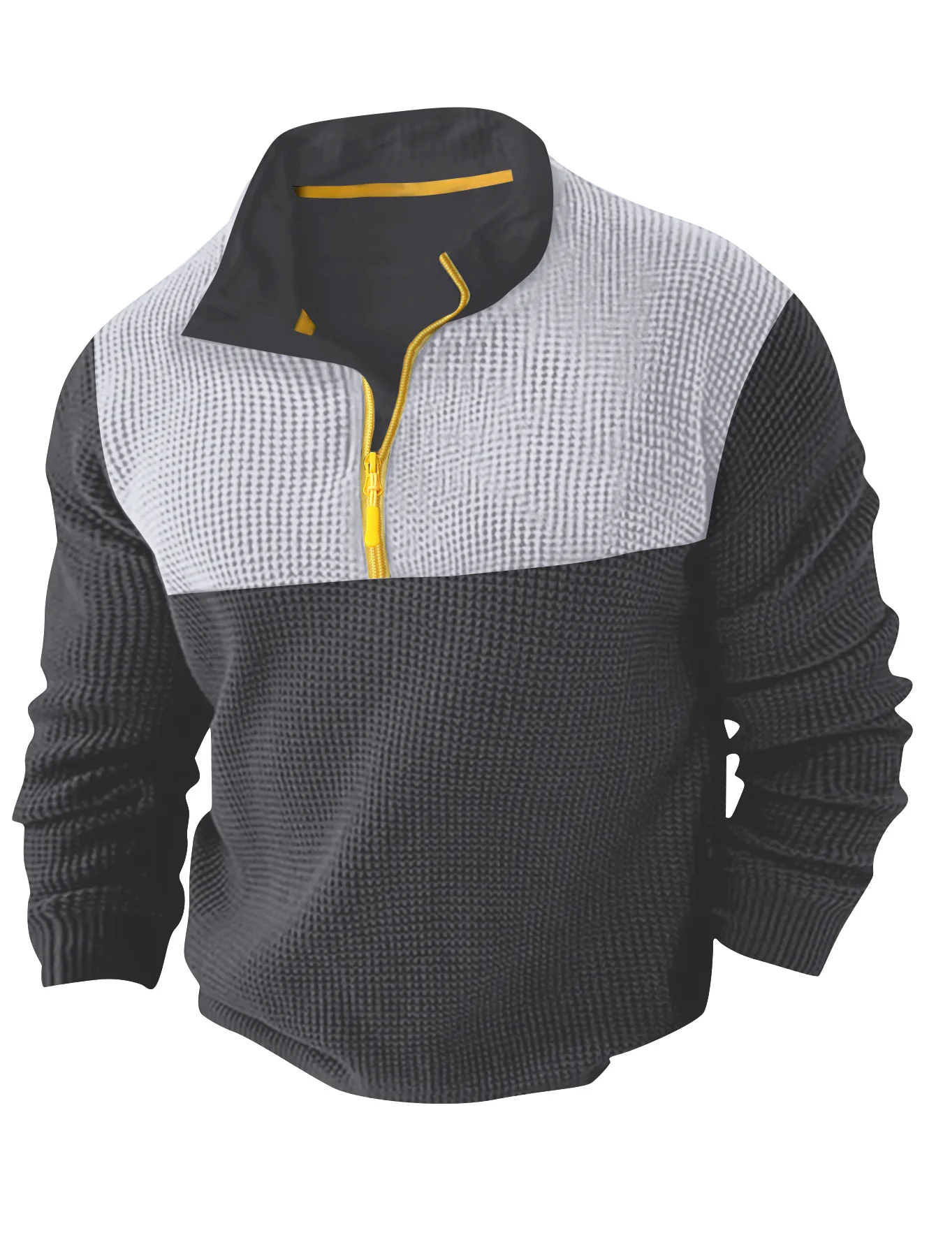 2025 New Patchwork Autumn winter fabric men's casual long sleeve solid color half zip stand collar T-shirt top men's pullover ﻿ thumbnail 2
