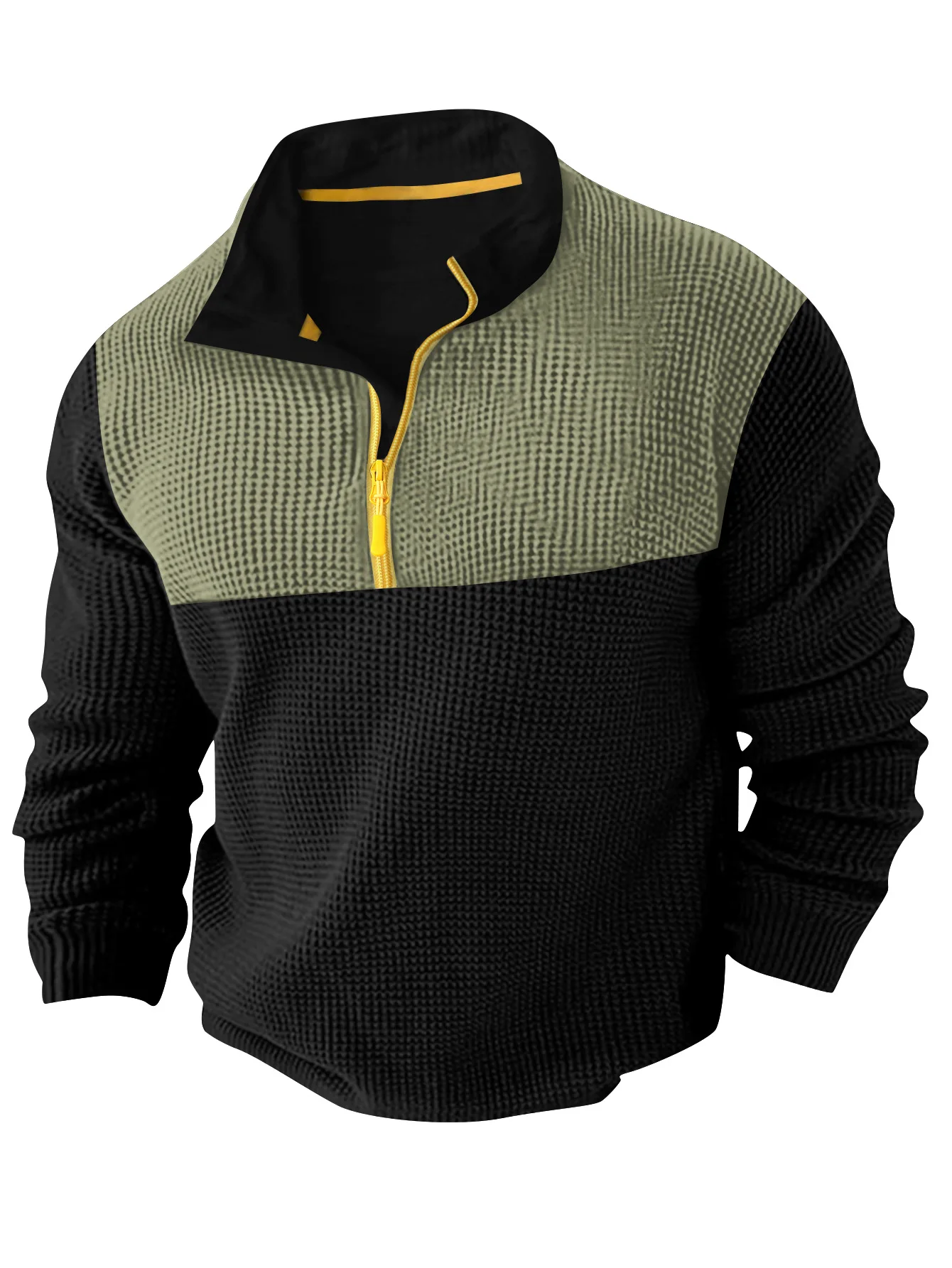 2025 New Patchwork Autumn winter fabric men's casual long sleeve solid color half zip stand collar T-shirt top men's pullover ﻿ thumbnail 3