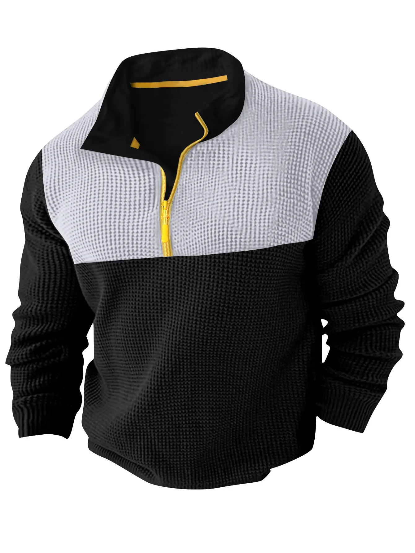 2025 New Patchwork Autumn winter fabric men's casual long sleeve solid color half zip stand collar T-shirt top men's pullover ﻿
