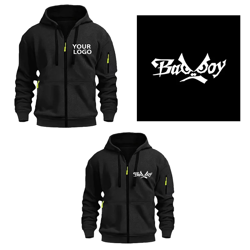 DIY Custom Logo Men's Casual Sports Hoodie Full-Zip Pocket Sweatshirt Fashion Arm Pocket Outdoor Long-Sleeve Pullover Hoodie thumbnail 2