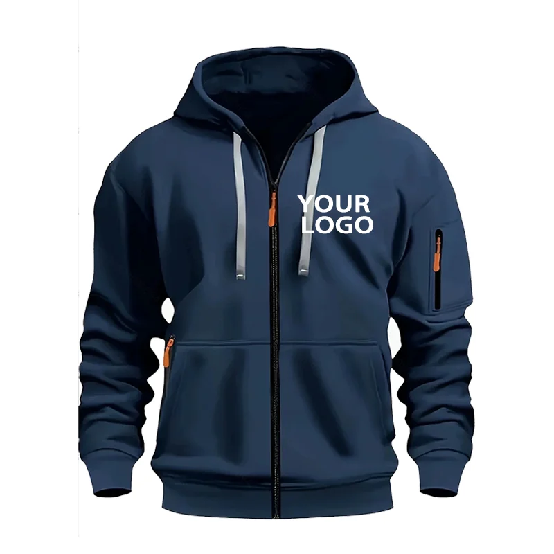 DIY Custom Logo Men's Casual Sports Hoodie Full-Zip Pocket Sweatshirt Fashion Arm Pocket Outdoor Long-Sleeve Pullover Hoodie thumbnail 5