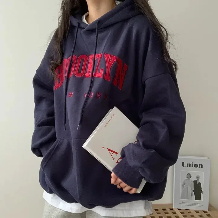 American Style Printed Letter Hooded Sweatshirt Women's Loose Fit Thickened Fleece Lined Cross-border Clothing thumbnail 2