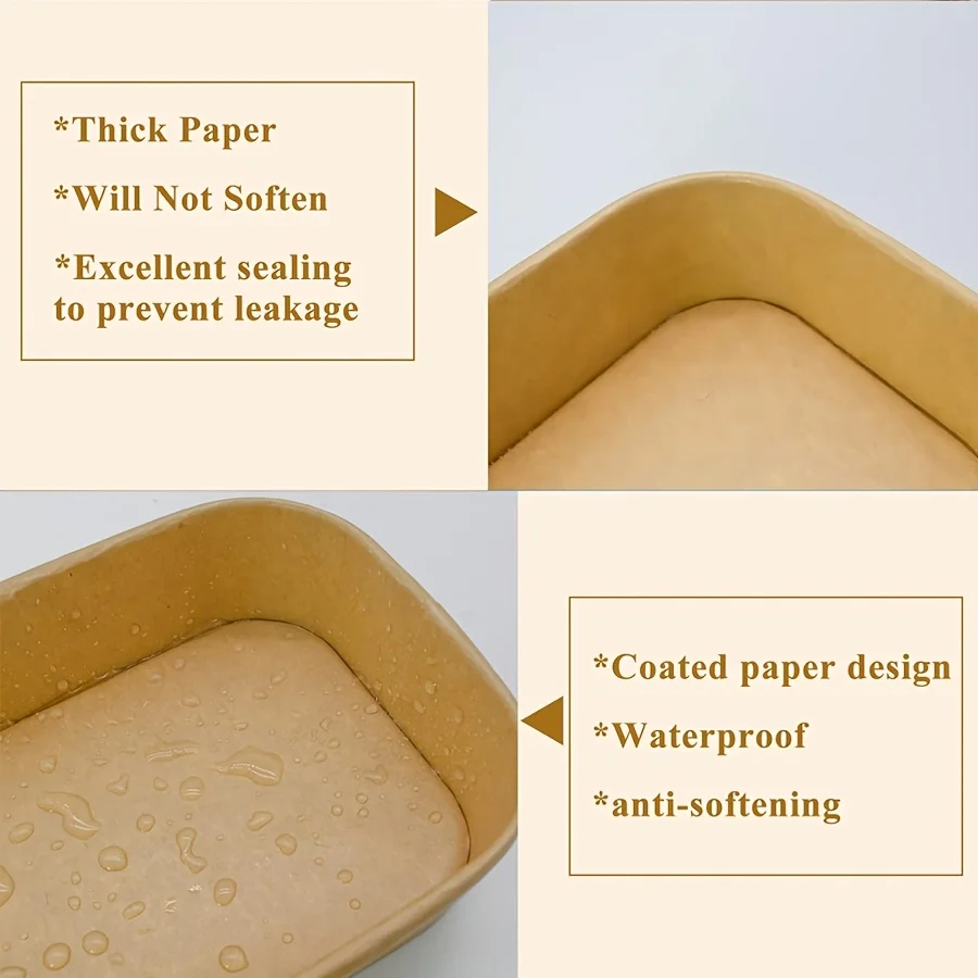 25pcs Disposable Brown Rectangle Kraft Paper Bowl With Lid Lunch Box Party Supplies Takeout Salad Bowl Food Packaging Container thumbnail 2