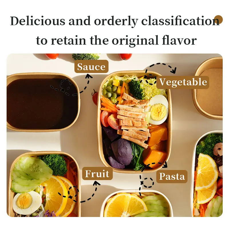 25pcs Disposable Brown Rectangle Kraft Paper Bowl With Lid Lunch Box Party Supplies Takeout Salad Bowl Food Packaging Container thumbnail 4