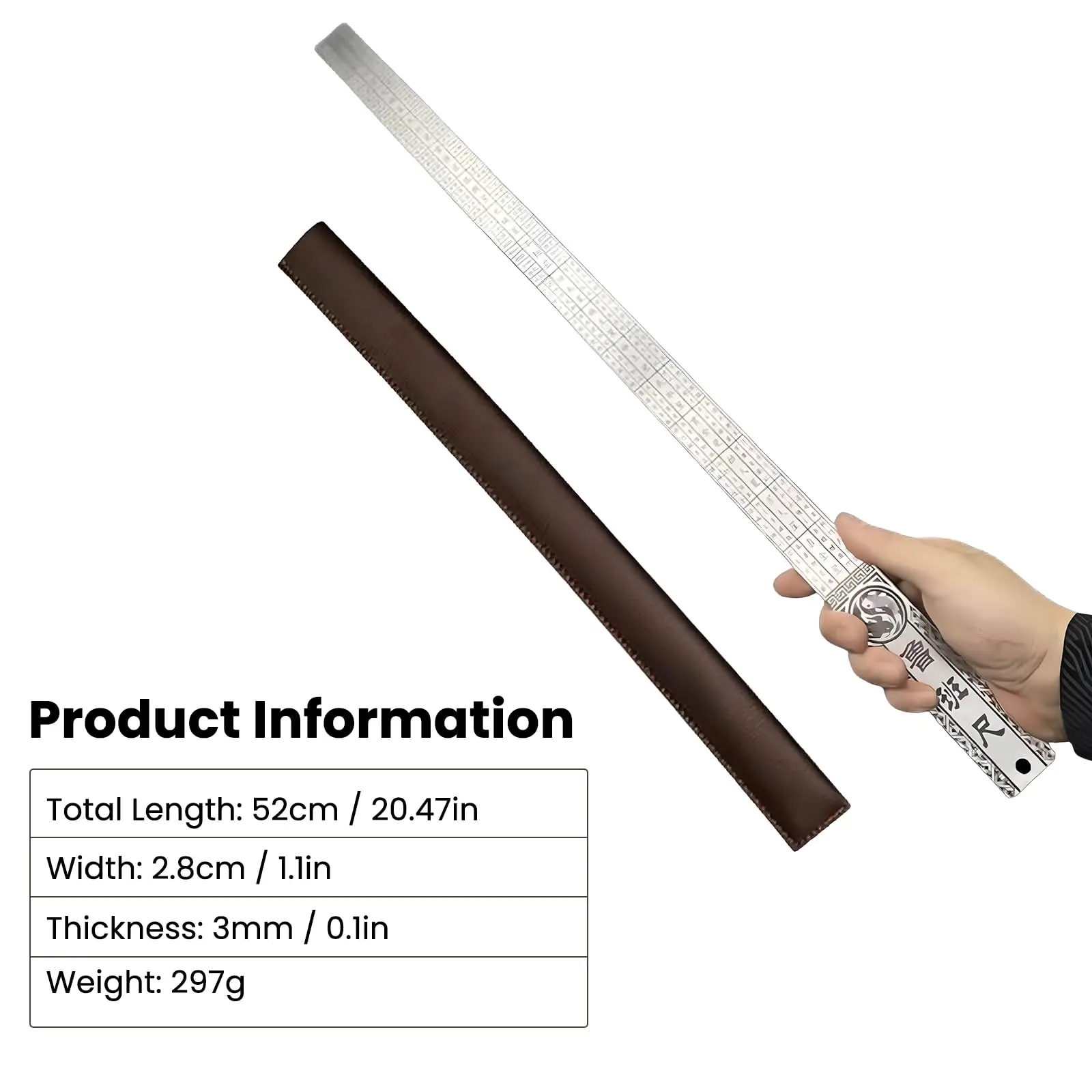 20in/50cm Heavy Duty Stainless Steel Ruler – Dual-Scale Inch/Cm, 3mm Thick for Precision, with Leather Case, Self Defense Tool thumbnail 2