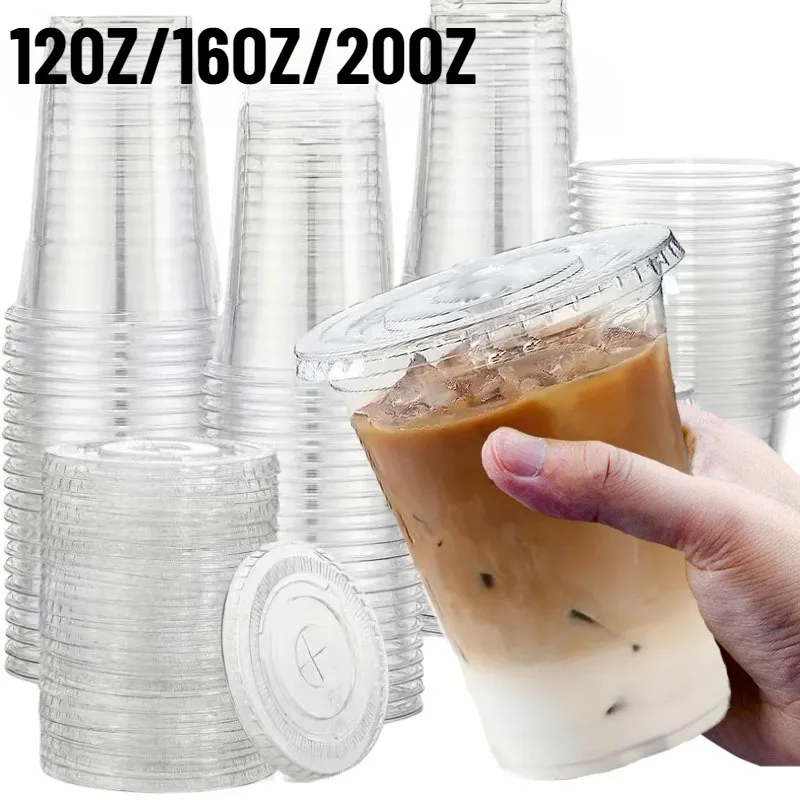 50PCS Disposable Plastic Cup with Lids Plastic Cup Coffee Milkshake Cold Drinks Outdoor Picnic Party Birthday Wedding Supplies