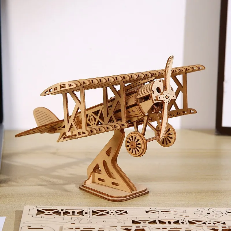 OUZEY 3D Wooden Puzzle Bi-Plane Classic Aircraft Model Kits DIY Wooden Blocks Assembly Toys Home Desk Decor Gift for Adults
