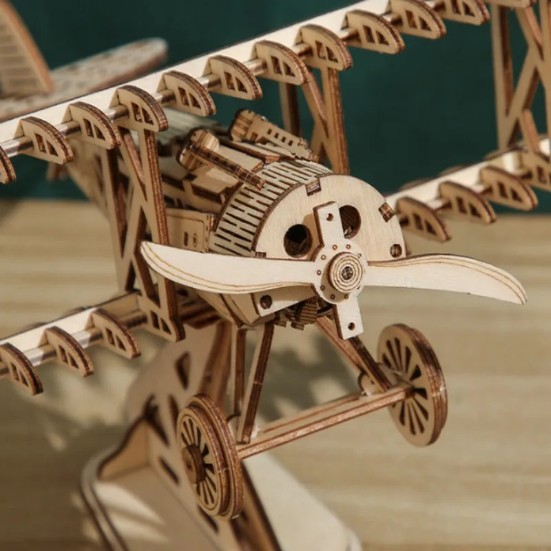 OUZEY 3D Wooden Puzzle Bi-Plane Classic Aircraft Model Kits DIY Wooden Blocks Assembly Toys Home Desk Decor Gift for Adults thumbnail 3