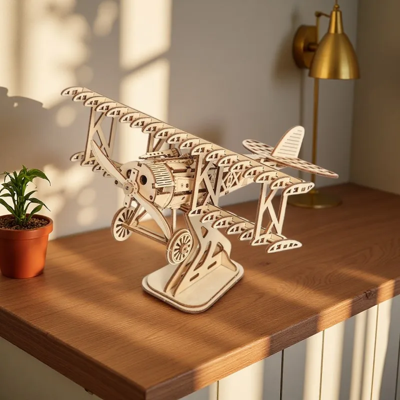 OUZEY 3D Wooden Puzzle Bi-Plane Classic Aircraft Model Kits DIY Wooden Blocks Assembly Toys Home Desk Decor Gift for Adults thumbnail 2