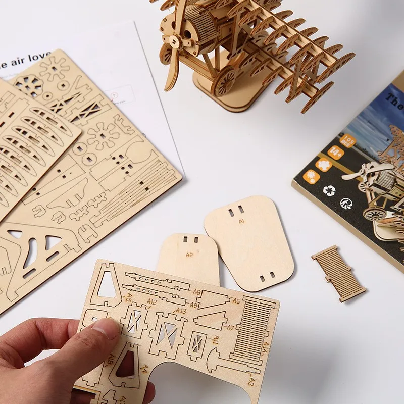 OUZEY 3D Wooden Puzzle Bi-Plane Classic Aircraft Model Kits DIY Wooden Blocks Assembly Toys Home Desk Decor Gift for Adults thumbnail 5