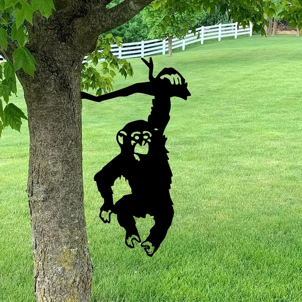1PC Monkey Hanging On The Branch Garden Stake, Yard Art Decor, Silhouette Metal Wall Art Home Garden Patio Outdoor Statue
