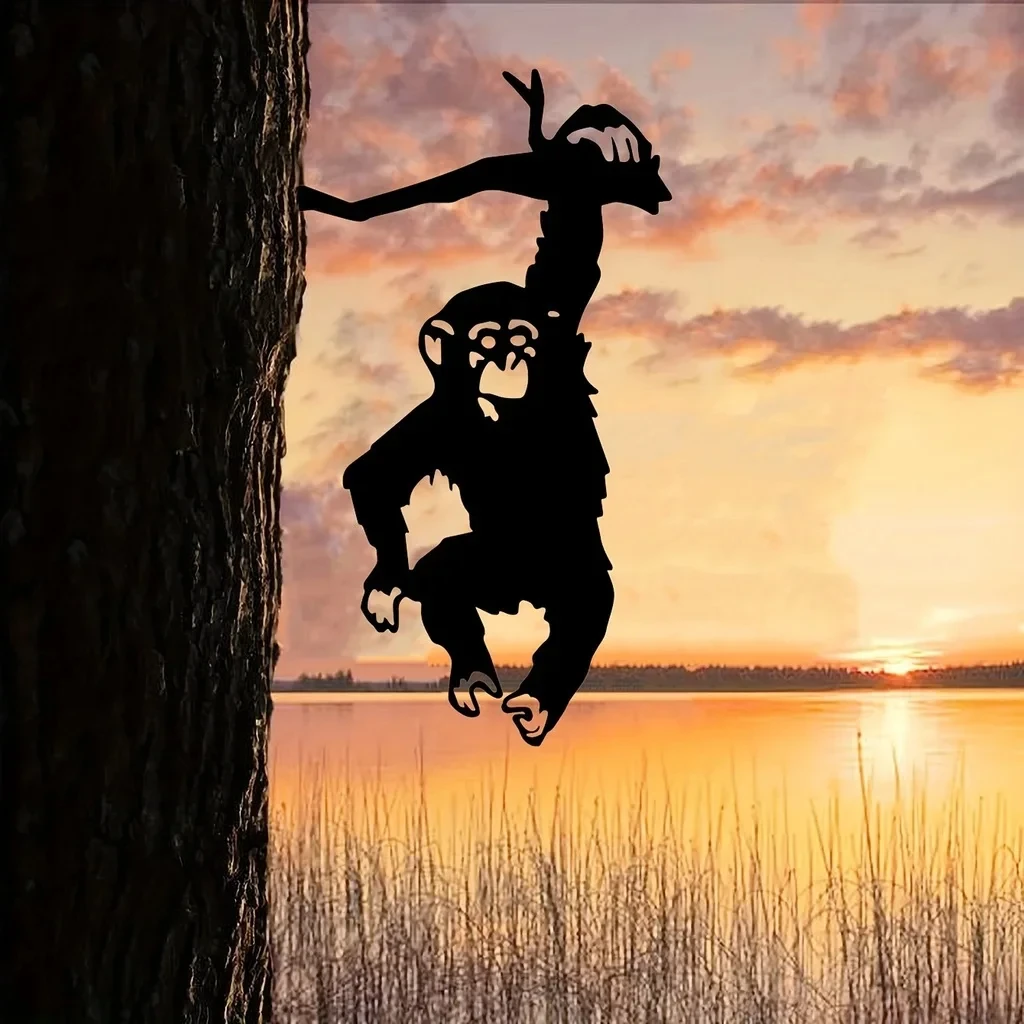 1PC Monkey Hanging On The Branch Garden Stake, Yard Art Decor, Silhouette Metal Wall Art Home Garden Patio Outdoor Statue thumbnail 6