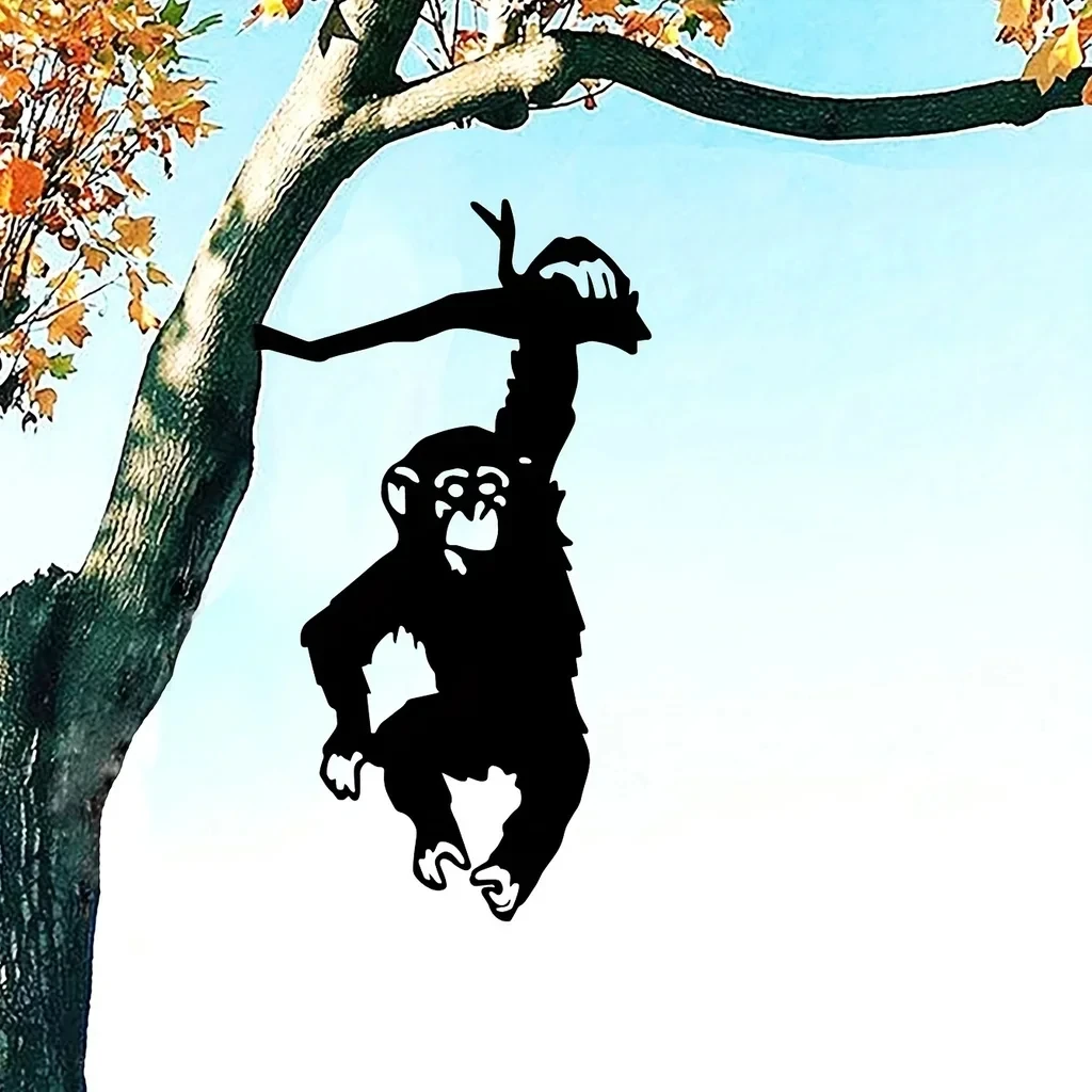 1PC Monkey Hanging On The Branch Garden Stake, Yard Art Decor, Silhouette Metal Wall Art Home Garden Patio Outdoor Statue thumbnail 2
