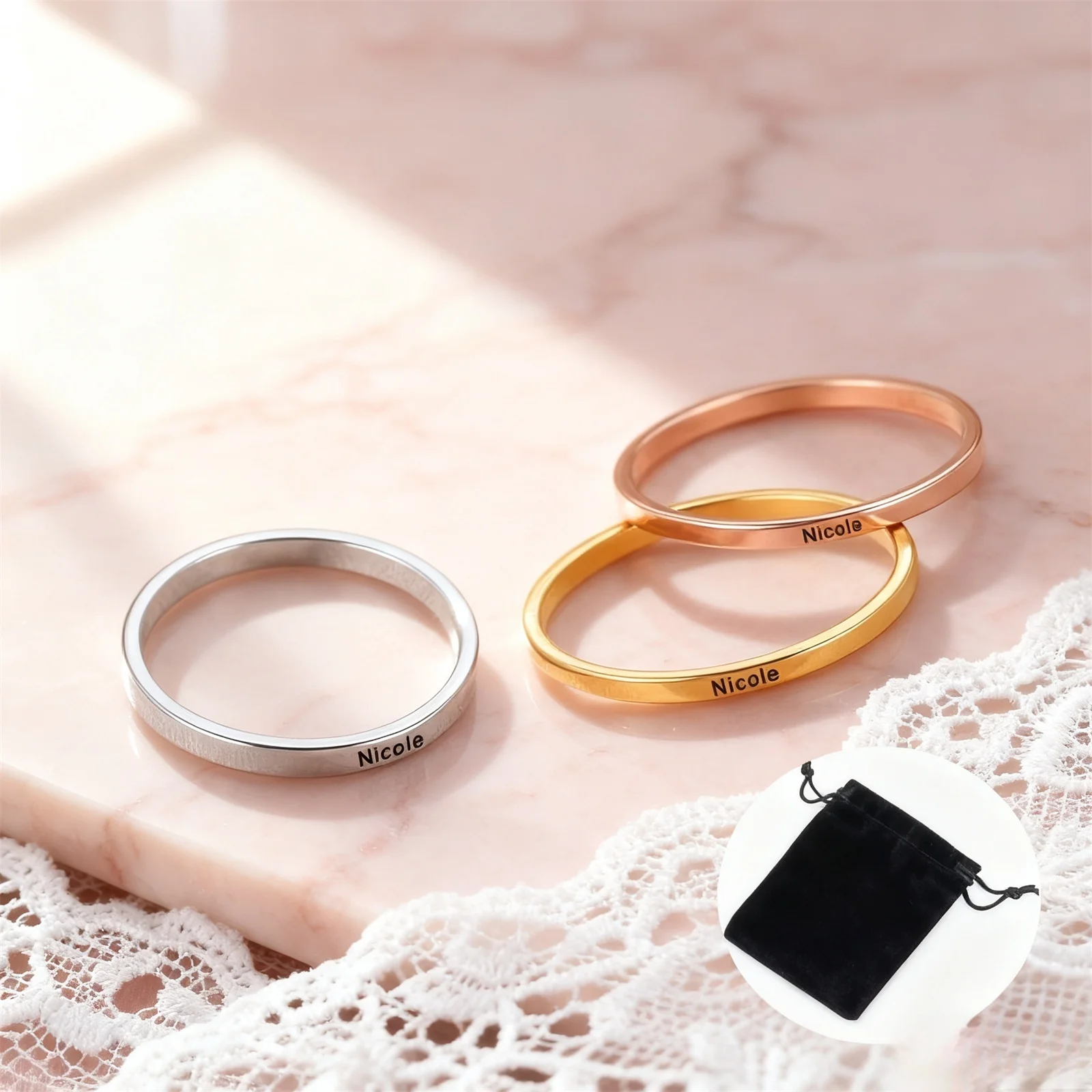 Customized Name Date Couple Ring Stainless Steel 3MM Wide Plain Ring Inspirational Words Ring Jewelry Gift Valentine's Day Gift thumbnail 2