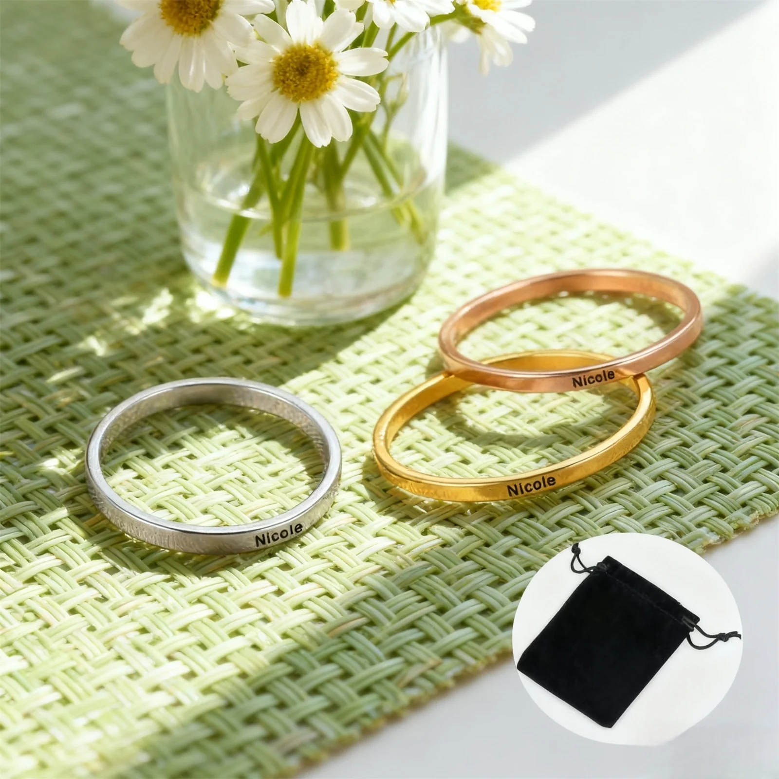 Customized Name Date Couple Ring Stainless Steel 3MM Wide Plain Ring Inspirational Words Ring Jewelry Gift Valentine's Day Gift thumbnail 3