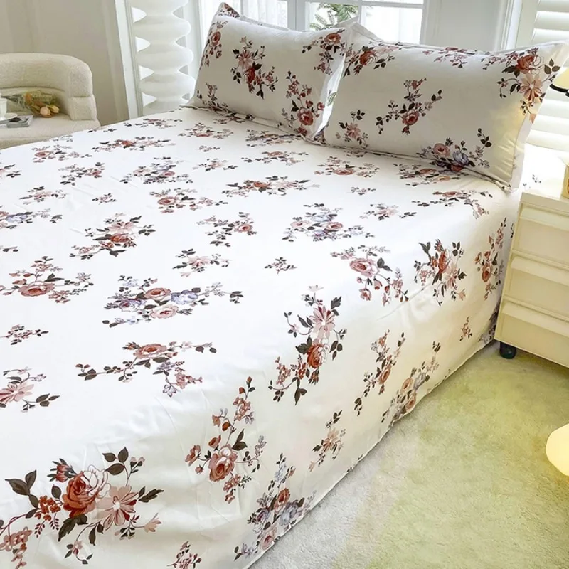 3PC White Floral Printed Bed Sheet Set with Pillowcases, Vintage Rose Flower Bedding Set for Bedroom, Elegant Home Decor thumbnail 3