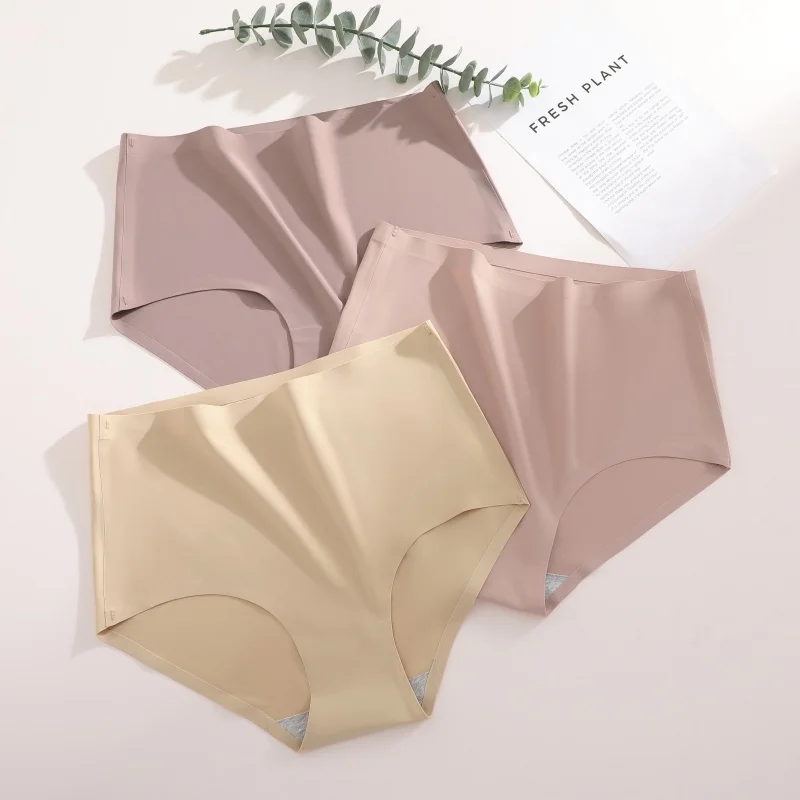 4PCS/SET Plus Size Underwear Women's Panties Ice Silk Solid Color Ladies Seamless Underpants High Waist Sexy Breathable Lingerie thumbnail 4