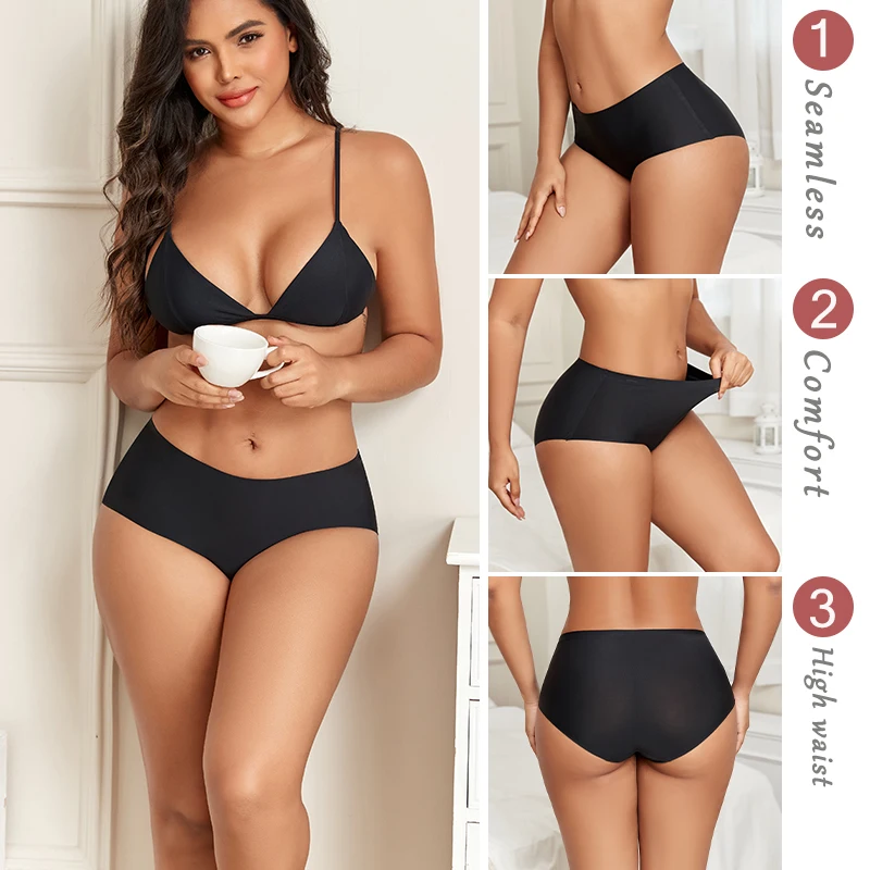 4PCS/SET Plus Size Underwear Women's Panties Ice Silk Solid Color Ladies Seamless Underpants High Waist Sexy Breathable Lingerie thumbnail 3