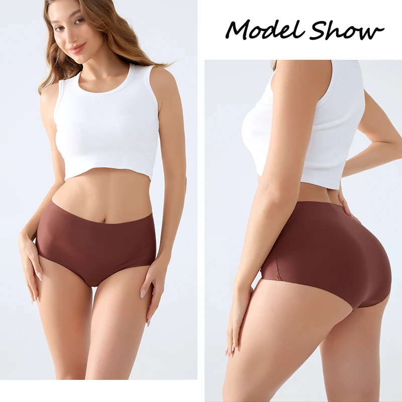 4PCS/SET Plus Size Underwear Women's Panties Ice Silk Solid Color Ladies Seamless Underpants High Waist Sexy Breathable Lingerie thumbnail 2