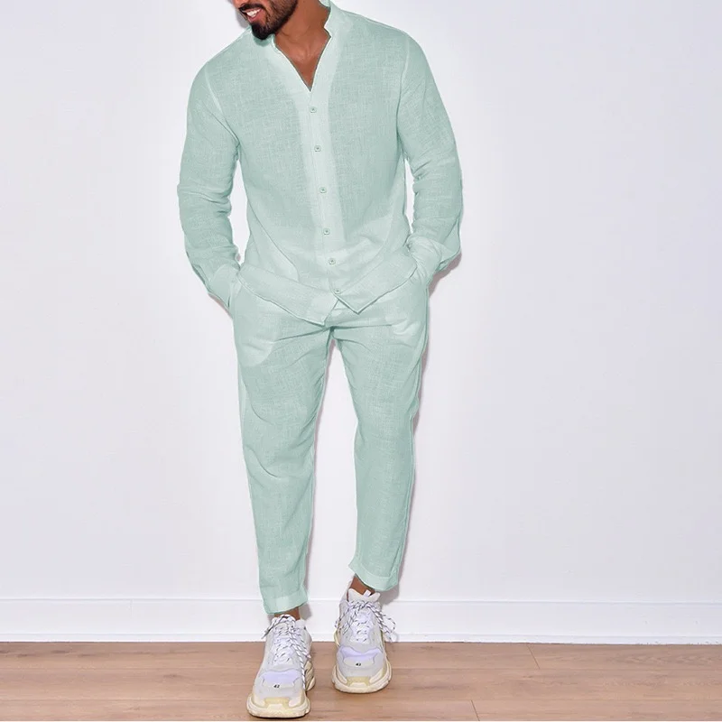 New Men's Breathable Long-Sleeve Shirt Set & Men's 100% Cotton Solid Color Casual Trousers Two-Piece Set for a Resort Style thumbnail 6