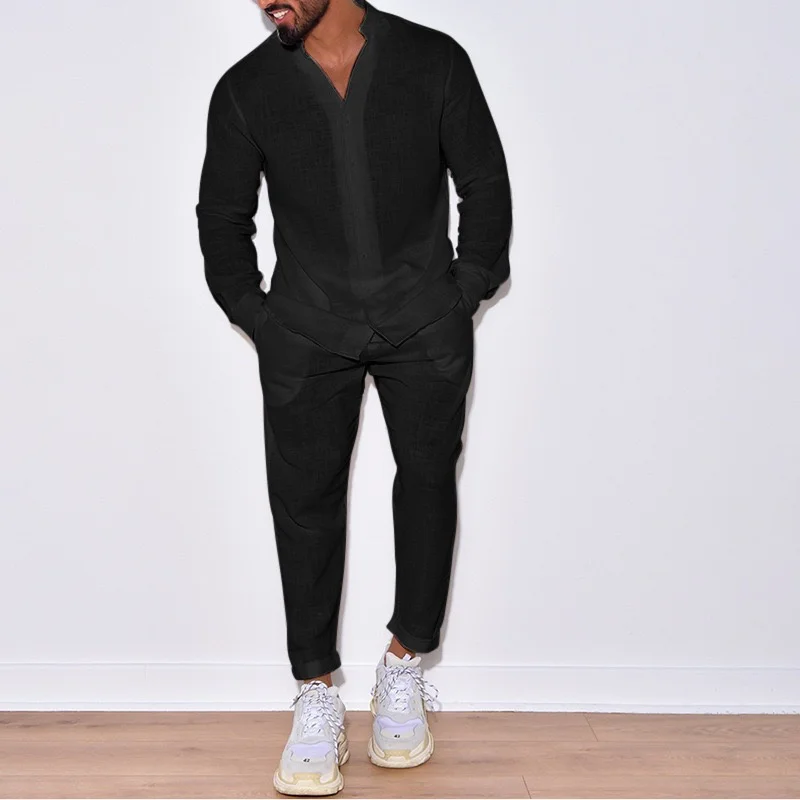 New Men's Breathable Long-Sleeve Shirt Set & Men's 100% Cotton Solid Color Casual Trousers Two-Piece Set for a Resort Style thumbnail 3