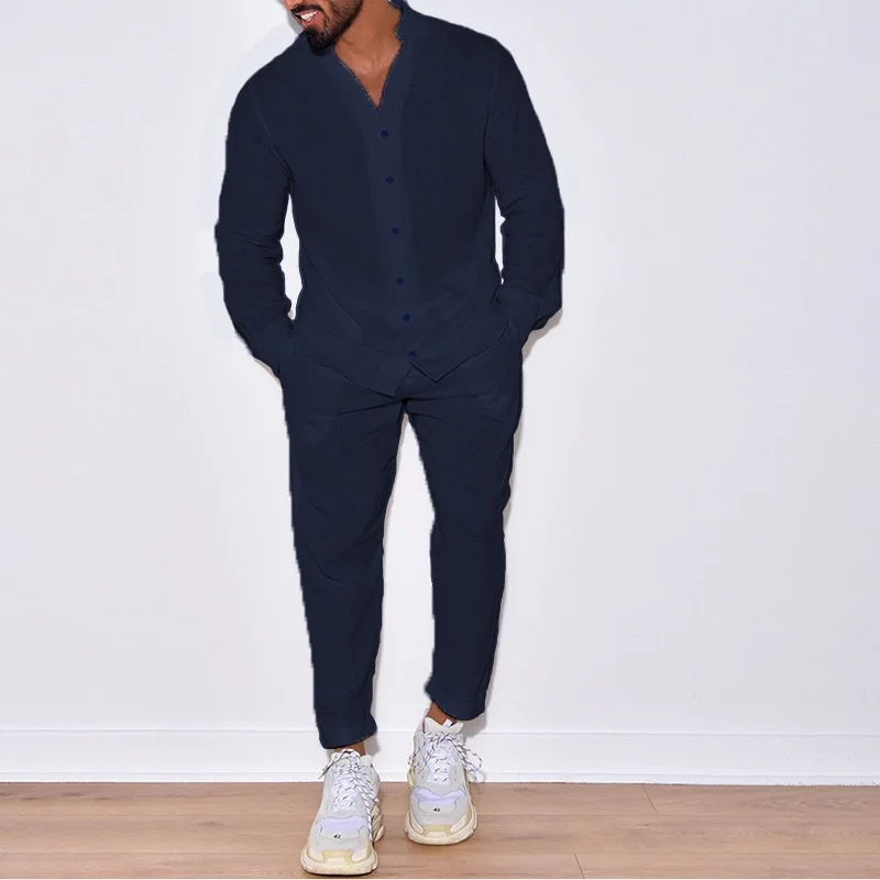 New Men's Breathable Long-Sleeve Shirt Set & Men's 100% Cotton Solid Color Casual Trousers Two-Piece Set for a Resort Style thumbnail 4