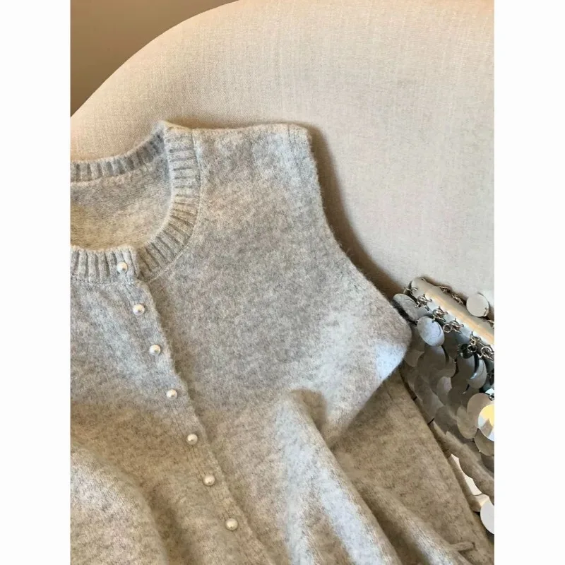 Sweater Vest Coats Women Patchwork Lace Lower Hem Lace-up Knitwear Cardigan Pearl Buckle Loose Sleeveless Round Neck Waistcoats thumbnail 5