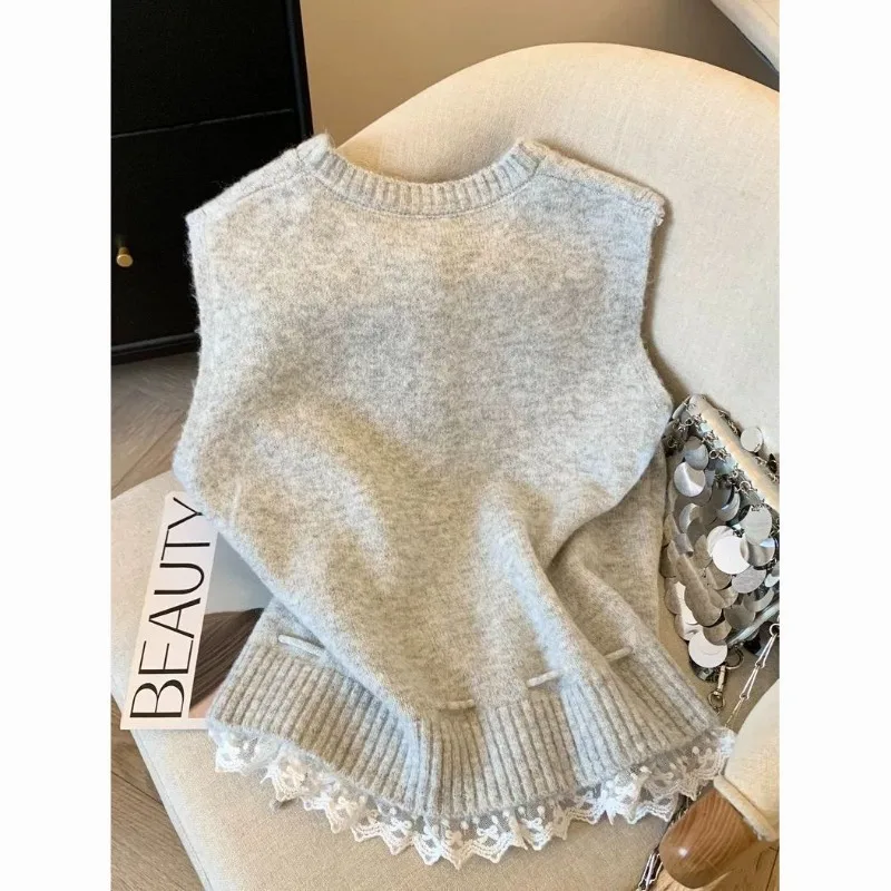 Sweater Vest Coats Women Patchwork Lace Lower Hem Lace-up Knitwear Cardigan Pearl Buckle Loose Sleeveless Round Neck Waistcoats thumbnail 2