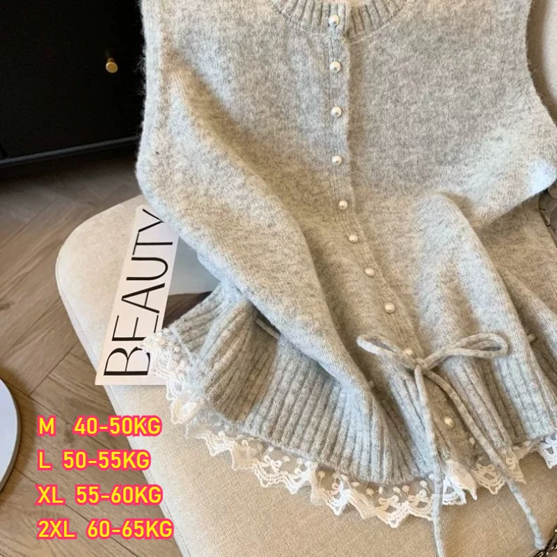 Sweater Vest Coats Women Patchwork Lace Lower Hem Lace-up Knitwear Cardigan Pearl Buckle Loose Sleeveless Round Neck Waistcoats thumbnail 6