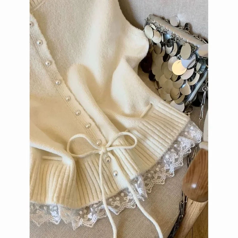 Sweater Vest Coats Women Patchwork Lace Lower Hem Lace-up Knitwear Cardigan Pearl Buckle Loose Sleeveless Round Neck Waistcoats thumbnail 4