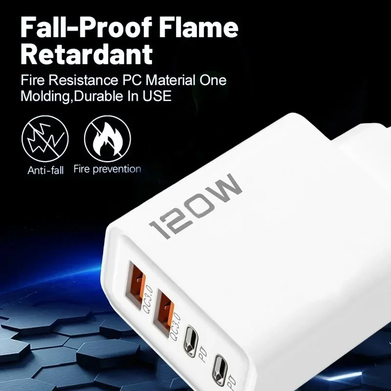 4 Port 120W USB C Fast Charger Station PD QC3.0 Wall Adapter Data Cable For iPhone Samsung Xiaomi Huawei EU US UK Plug Travel thumbnail 4