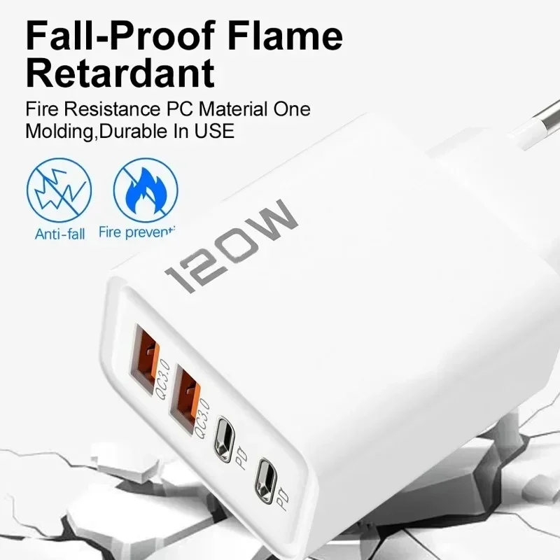 4 Port 120W USB C Fast Charger Station PD QC3.0 Wall Adapter Data Cable For iPhone Samsung Xiaomi Huawei EU US UK Plug Travel thumbnail 2