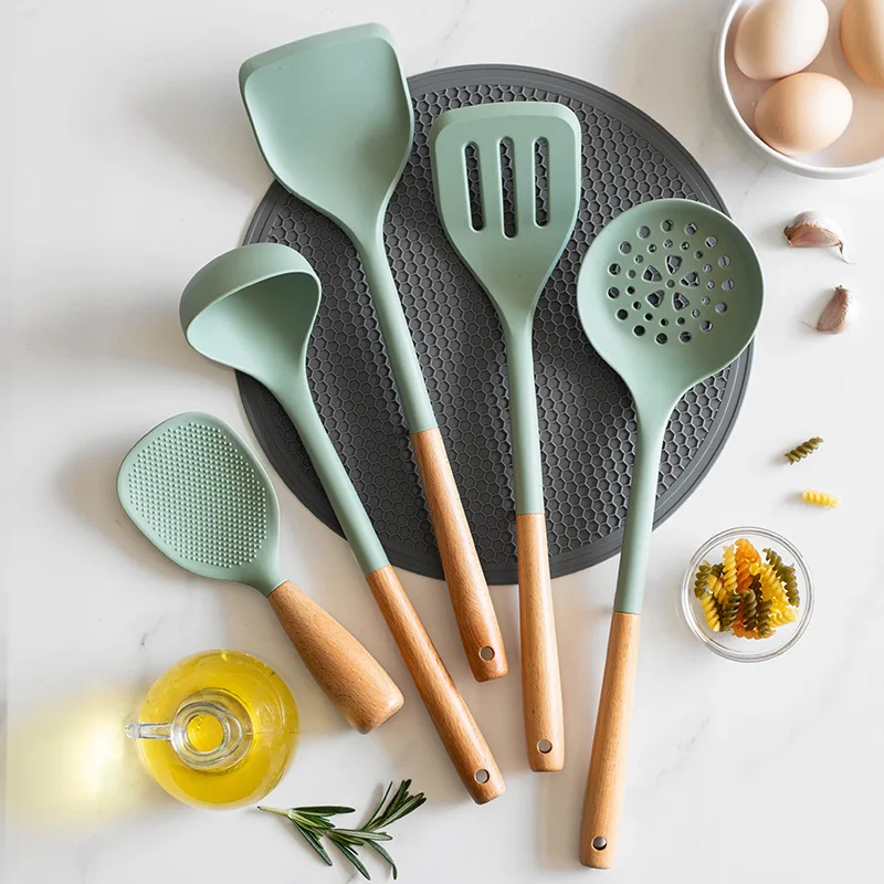 Kitchen Chinese Style Silicone Wood Handle Spatula, Heat-resistant Silicone Cooking Spatula, Spoon, Kitchenware thumbnail 3
